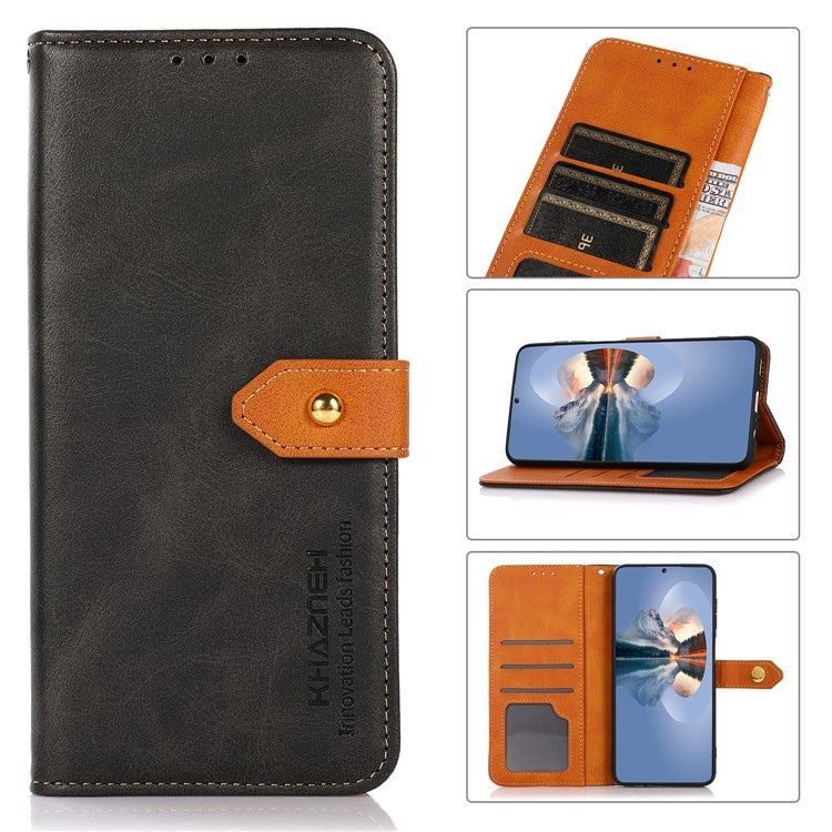 KHAZNEH Wallet Stand Magnetic Golden Clasp Shock Absorption Leather Cover Case for Honor 50 - Black