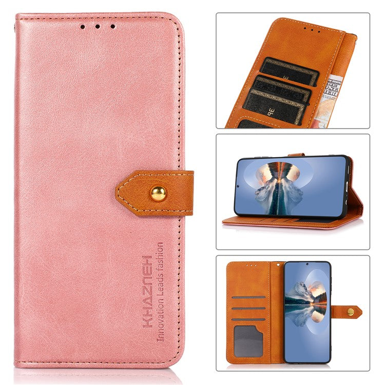 KHAZNEH Wallet Stand Magnetic Golden Clasp Shock Absorption Leather Cover Case for Honor 50 - Rose Gold