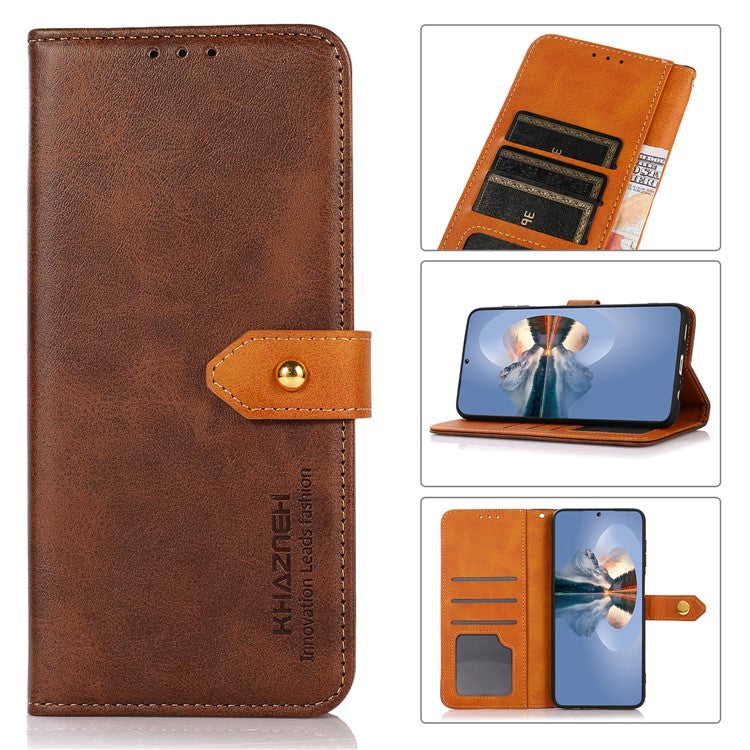 KHAZNEH Wallet Stand Magnetic Golden Clasp Shock Absorption Leather Cover Case for Honor 50 - Brown