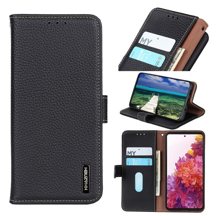 KHAZNEH Stand Litchi Texture Top Layer Flip Genuine Leather Wallet Magnetic Closure Protective Case for Honor 50 - Black