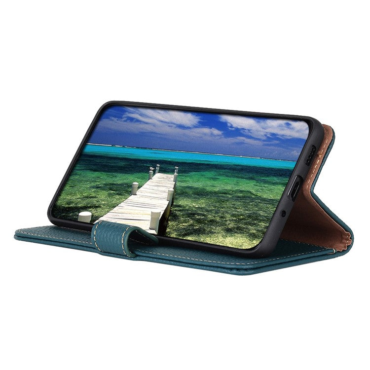 KHAZNEH Stand Litchi Texture Top Layer Flip Genuine Leather Wallet Magnetic Closure Protective Case for Honor 50 - Green