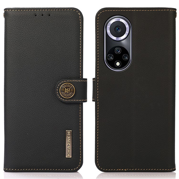 KHAZNEH Genuine Leather Stand RFID Blocking Anti-swiping Top Layer Wallet Magnetic Shockproof Cover for Honor 50 - Black