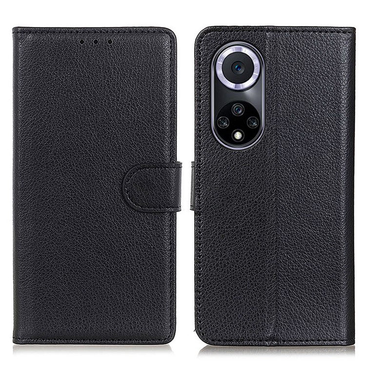 Litchi Texture Scratch Resistant Shock-absorption PU Leather Stand Wallet Phone Case Cover for Honor 50 - Black