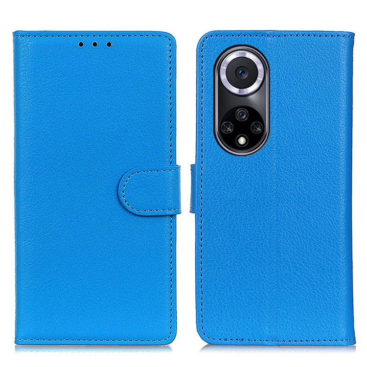 Litchi Texture Scratch Resistant Shock-absorption PU Leather Stand Wallet Phone Case Cover for Honor 50 - Blue