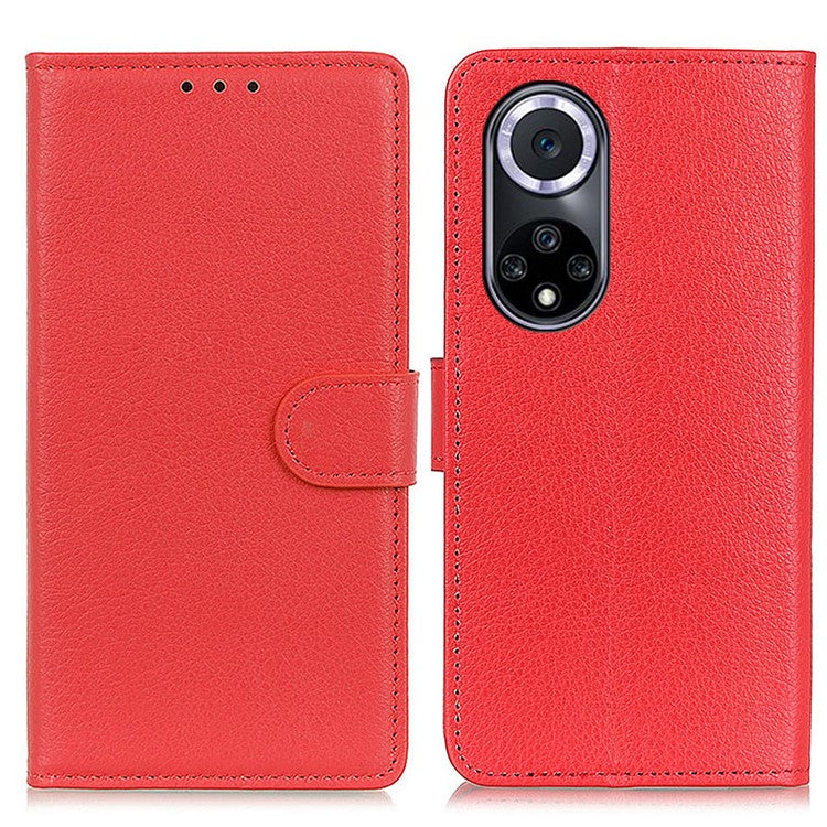 Litchi Texture Scratch Resistant Shock-absorption PU Leather Stand Wallet Phone Case Cover for Honor 50 - Red