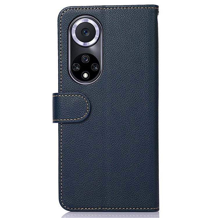 KHAZNEH RFID Blocking Litchi Texture Leather Wallet Phone Case Cover for Honor 50 - Blue