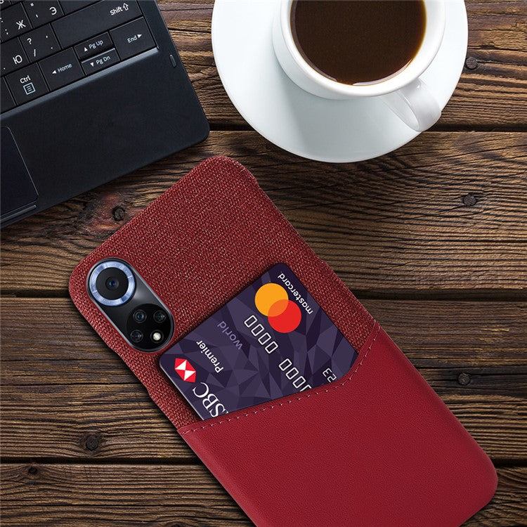 KSQ All-wrapped Back Cloth Texture PU Leather + PC Hybrid Phone Case Cover with Card Holder for Honor 50/Huawei nova 9 - Red