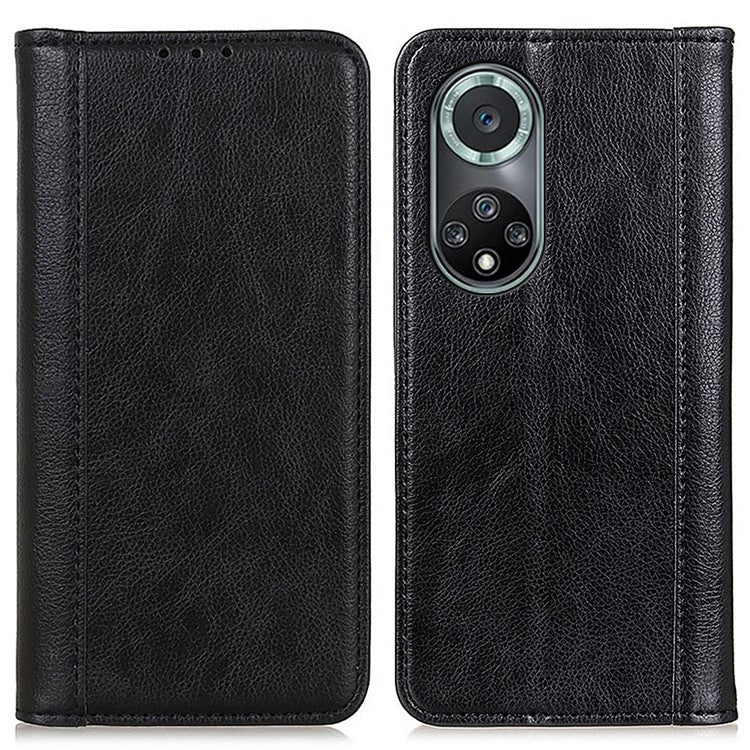Magnetic Auto Closing Litchi Texture Split Leather Case Stand Wallet Phone Shell for Honor 50 Pro - Black