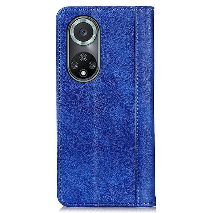 Magnetic Auto Closing Litchi Texture Split Leather Case Stand Wallet Phone Shell for Honor 50 Pro - Blue