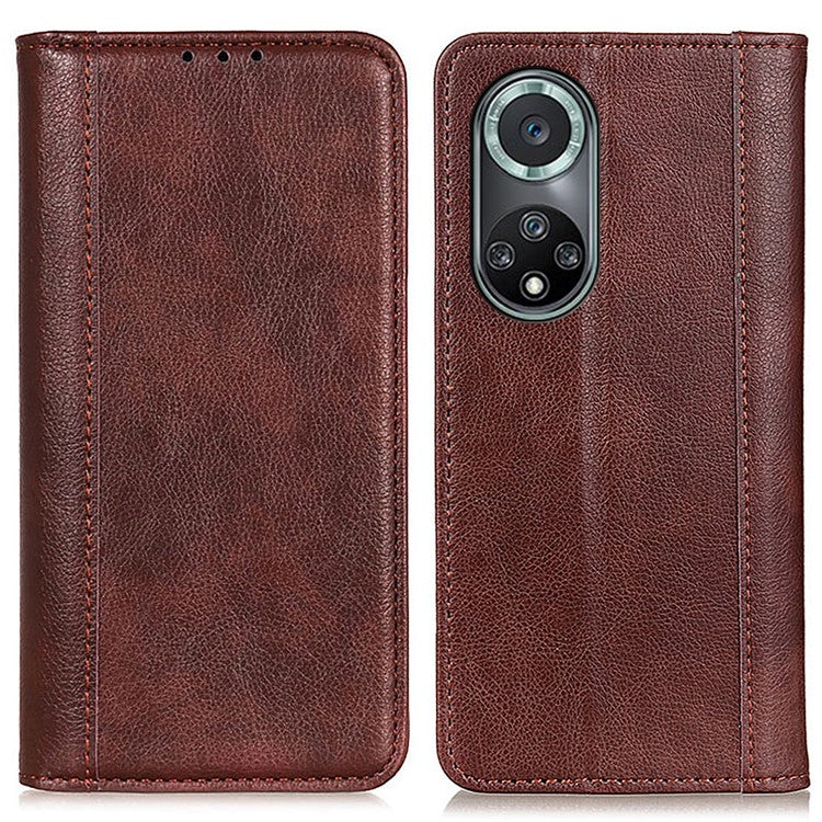 Magnetic Auto Closing Litchi Texture Split Leather Case Stand Wallet Phone Shell for Honor 50 Pro - Brown