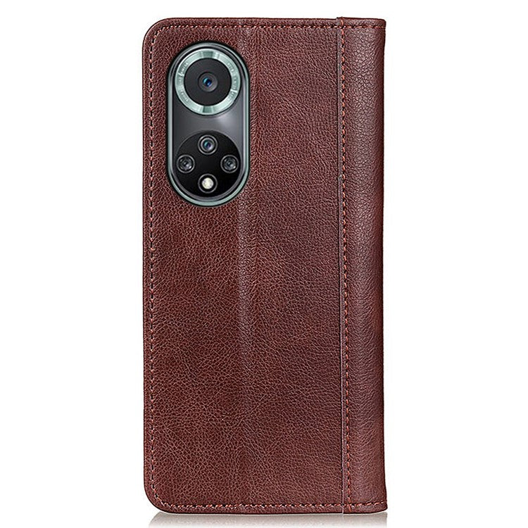 Magnetic Auto Closing Litchi Texture Split Leather Case Stand Wallet Phone Shell for Honor 50 Pro - Brown