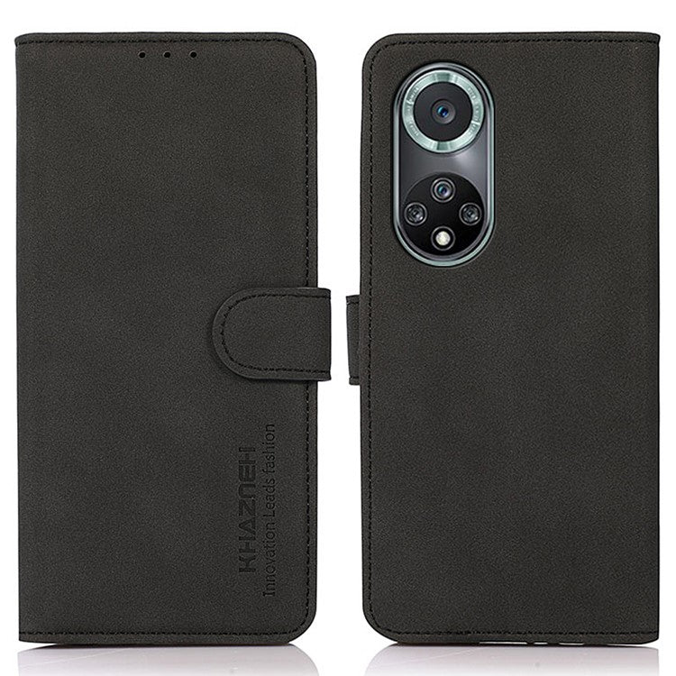 KHAZNEH Textured Leather Dual-sided Magnetic Clasp Phone Cover Stand Wallet Case for Honor 50 Pro - Black