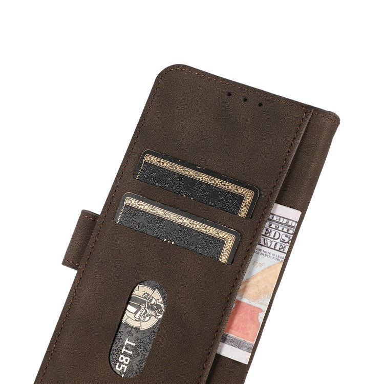 KHAZNEH Textured Leather Dual-sided Magnetic Clasp Phone Cover Stand Wallet Case for Honor 50 Pro - Brown