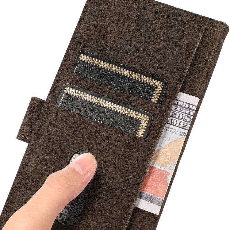 KHAZNEH Textured Leather Dual-sided Magnetic Clasp Phone Cover Stand Wallet Case for Honor 50 Pro - Brown