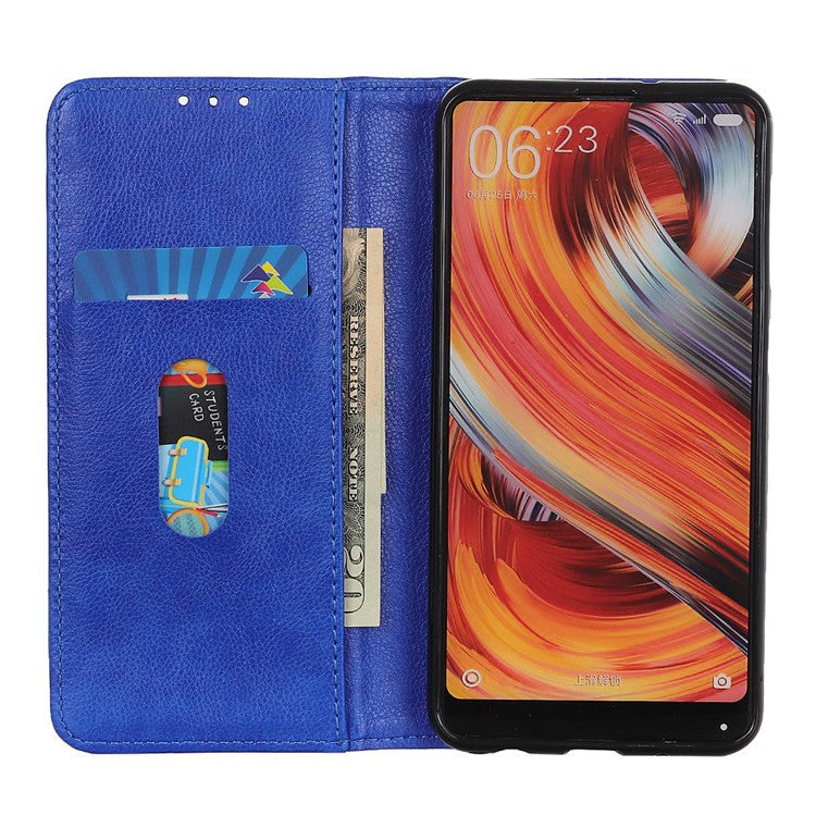 Auto Closing Magnet Litchi Texture Split Leather Phone Case with Stand Wallet for Honor 50 - Blue