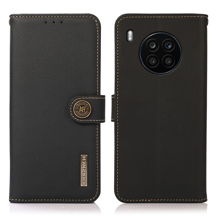 KHAZNEH Top Layer Genuine Leather RFID Blocking Well-Protected Anti-Fall Stand Wallet Folio Flip Case for Honor 50 Lite/Huawei nova 8i - Black