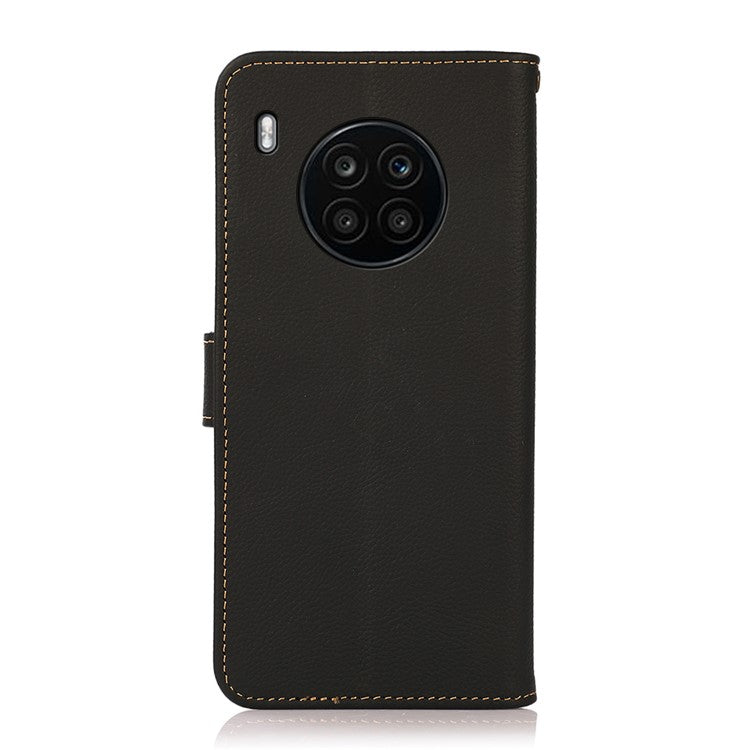 KHAZNEH Top Layer Genuine Leather RFID Blocking Well-Protected Anti-Fall Stand Wallet Folio Flip Case for Honor 50 Lite/Huawei nova 8i - Black