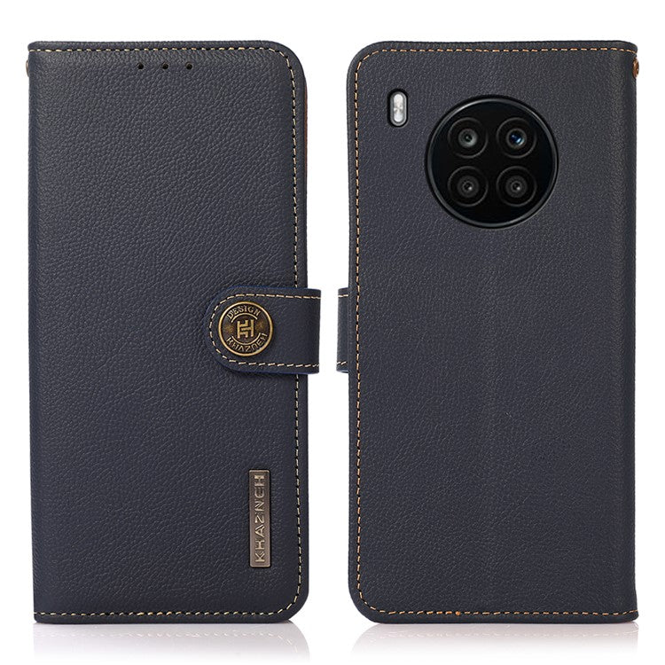 KHAZNEH Top Layer Genuine Leather RFID Blocking Well-Protected Anti-Fall Stand Wallet Folio Flip Case for Honor 50 Lite/Huawei nova 8i - Blue