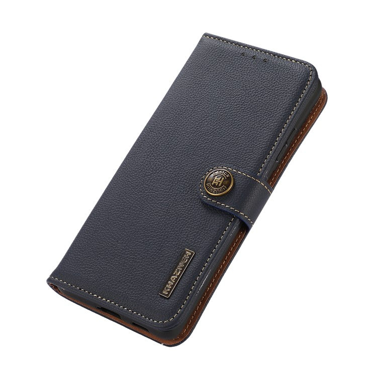 KHAZNEH Top Layer Genuine Leather RFID Blocking Well-Protected Anti-Fall Stand Wallet Folio Flip Case for Honor 50 Lite/Huawei nova 8i - Blue