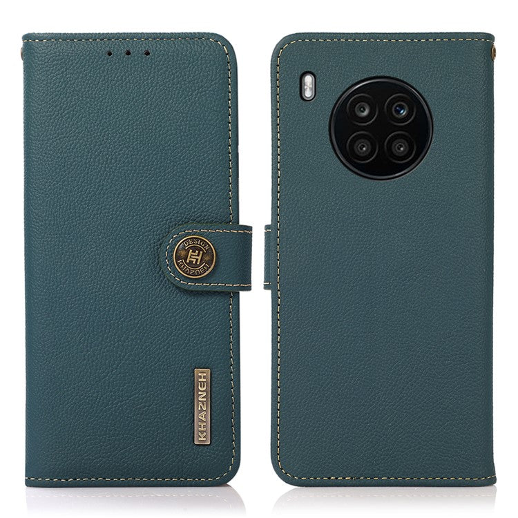 KHAZNEH Top Layer Genuine Leather RFID Blocking Well-Protected Anti-Fall Stand Wallet Folio Flip Case for Honor 50 Lite/Huawei nova 8i - Green