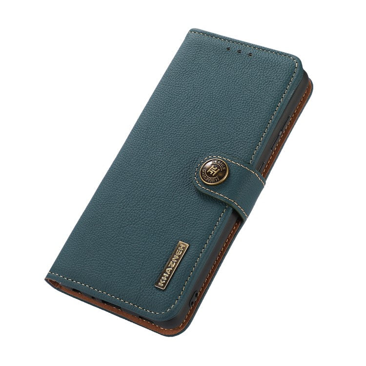 KHAZNEH Top Layer Genuine Leather RFID Blocking Well-Protected Anti-Fall Stand Wallet Folio Flip Case for Honor 50 Lite/Huawei nova 8i - Green