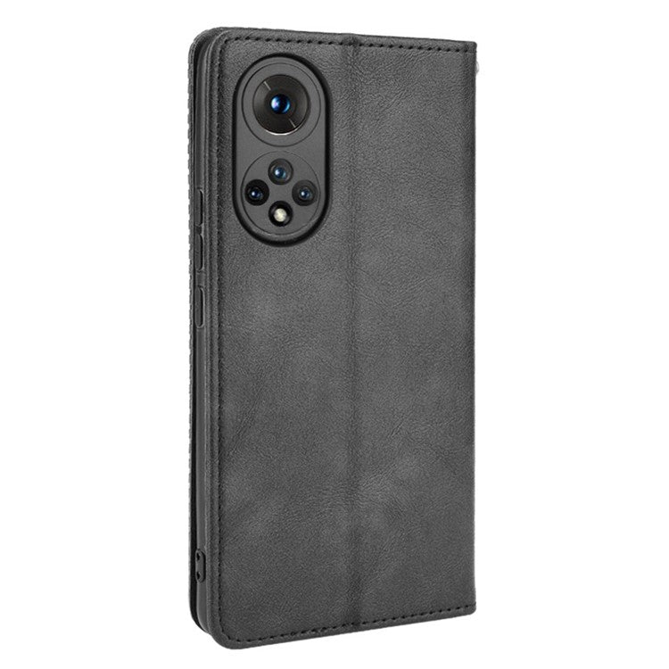Scratch Resistant Case Wallet Retro Textured Surface Anti-Drop Phone Leather Stand Cover for Honor 50 - Black
