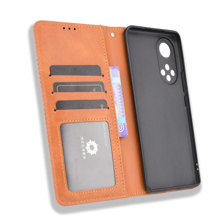 Scratch Resistant Case Wallet Retro Textured Surface Anti-Drop Phone Leather Stand Cover for Honor 50 - Brown