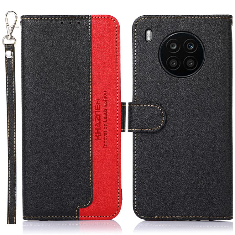 KHAZNEH RFID Blocking Anti-theft Swiping Stand Litchi Texture PU Leather Flip Folio Wallet Phone Case with Strap for Honor 50 Lite / Huawei nova 8i - Black