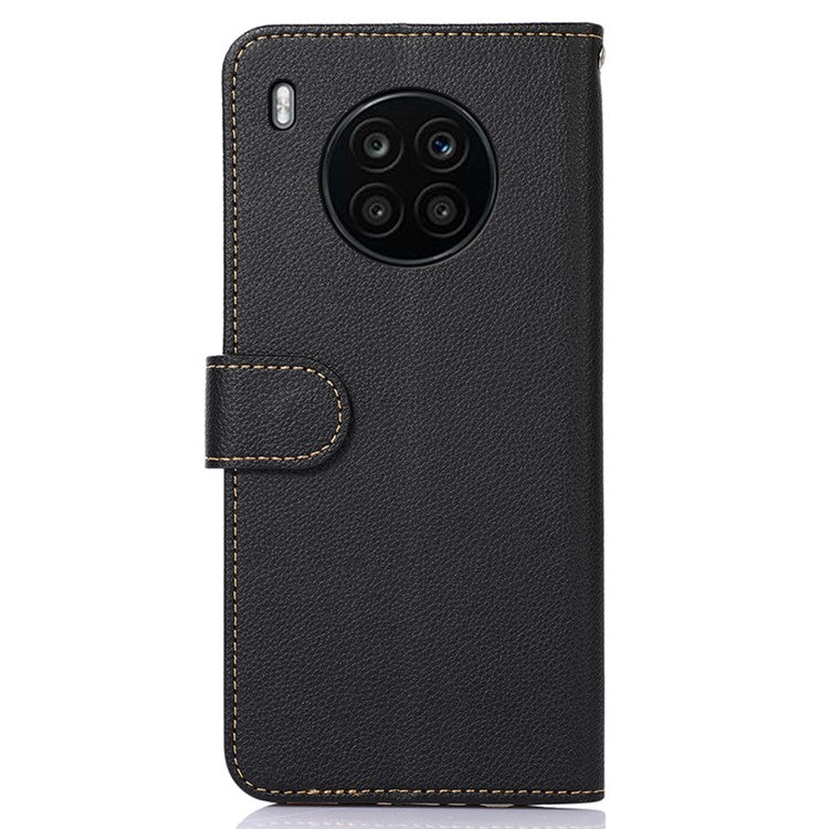 KHAZNEH RFID Blocking Anti-theft Swiping Stand Litchi Texture PU Leather Flip Folio Wallet Phone Case with Strap for Honor 50 Lite / Huawei nova 8i - Black