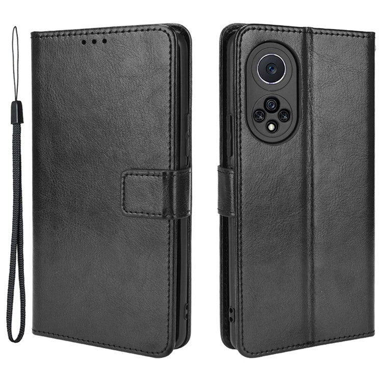 Fashionable Crazy Horse Texture PU Leather Wallet Magnetic Anti-Scratch Case with Wrist Strap for Huawei nova 9 Pro / Honor 50 Pro - Black