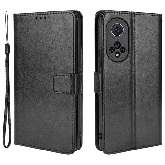 Fashionable Crazy Horse Texture PU Leather Wallet Magnetic Anti-Scratch Case with Wrist Strap for Huawei nova 9 Pro / Honor 50 Pro - Black