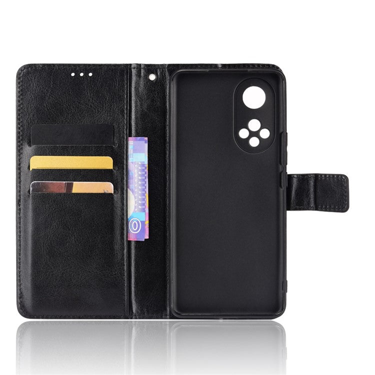 Fashionable Crazy Horse Texture PU Leather Wallet Magnetic Anti-Scratch Case with Wrist Strap for Huawei nova 9 Pro / Honor 50 Pro - Black