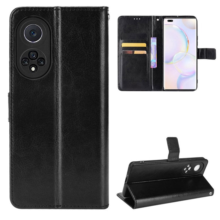 Fashionable Crazy Horse Texture PU Leather Wallet Magnetic Anti-Scratch Case with Wrist Strap for Huawei nova 9 Pro / Honor 50 Pro - Black