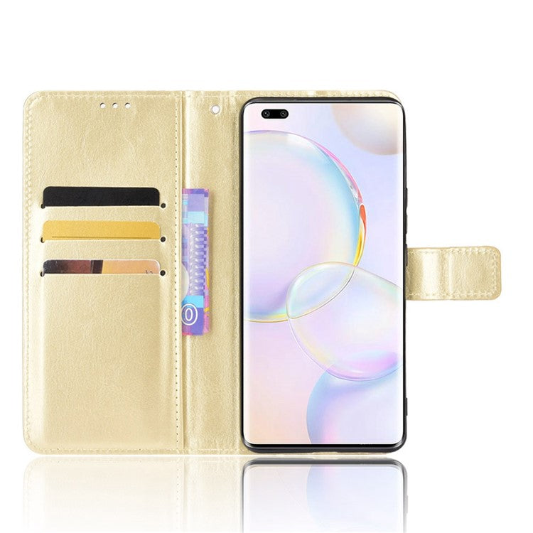 Fashionable Crazy Horse Texture PU Leather Wallet Magnetic Anti-Scratch Case with Wrist Strap for Huawei nova 9 Pro / Honor 50 Pro - Gold