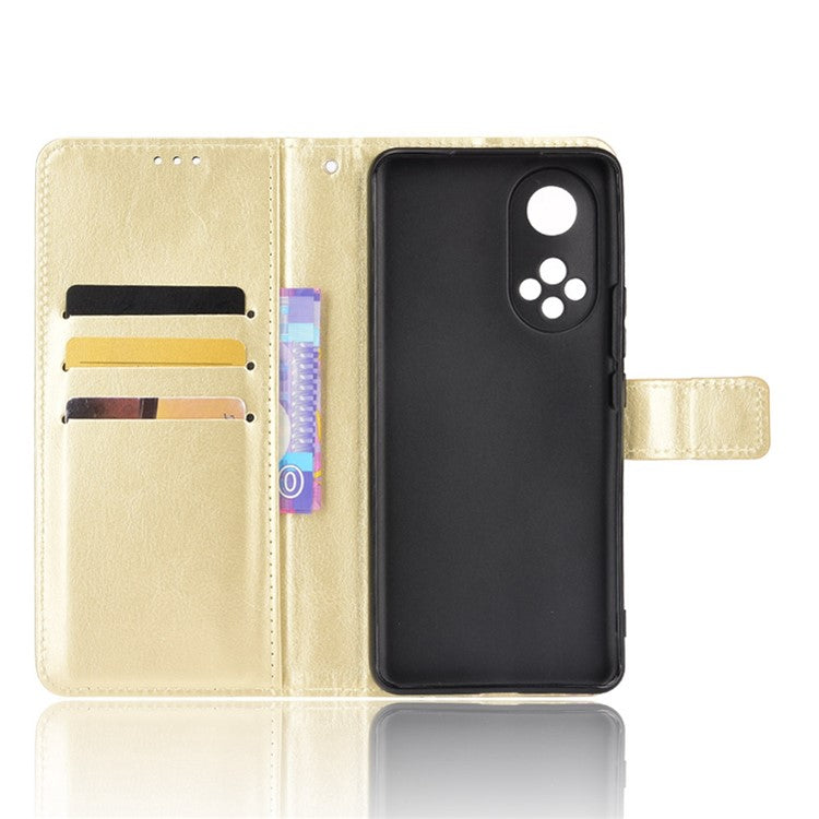 Fashionable Crazy Horse Texture PU Leather Wallet Magnetic Anti-Scratch Case with Wrist Strap for Huawei nova 9 Pro / Honor 50 Pro - Gold
