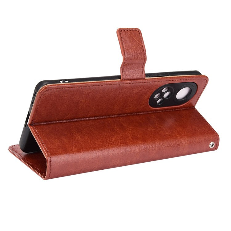 Fashionable Crazy Horse Texture PU Leather Wallet Magnetic Anti-Scratch Case with Wrist Strap for Huawei nova 9 Pro / Honor 50 Pro - Brown