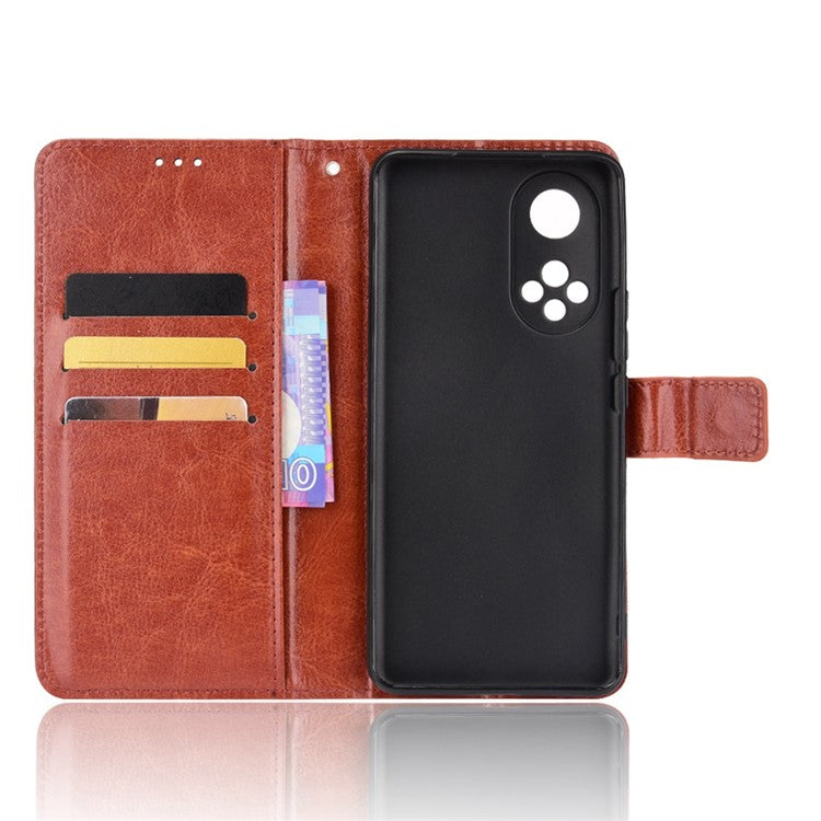 Fashionable Crazy Horse Texture PU Leather Wallet Magnetic Anti-Scratch Case with Wrist Strap for Huawei nova 9 Pro / Honor 50 Pro - Brown