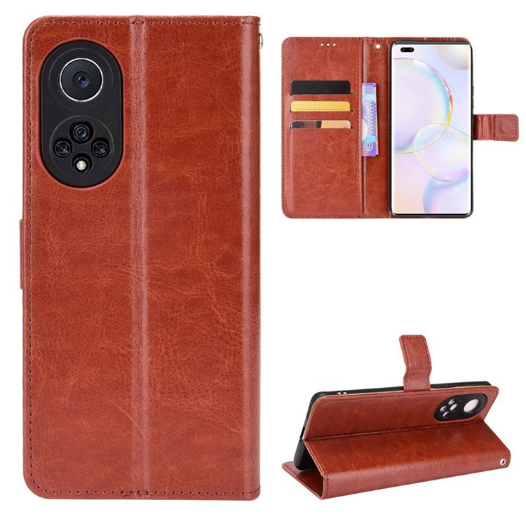 Fashionable Crazy Horse Texture PU Leather Wallet Magnetic Anti-Scratch Case with Wrist Strap for Huawei nova 9 Pro / Honor 50 Pro - Brown