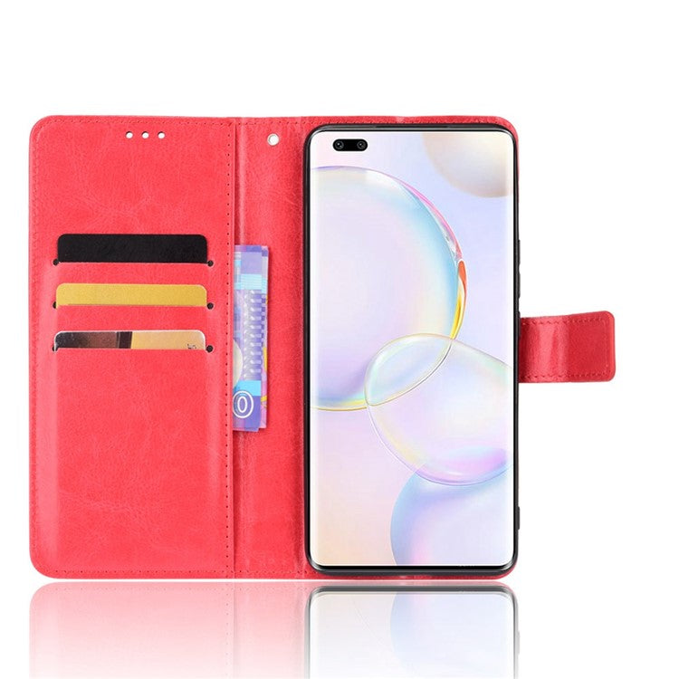 Fashionable Crazy Horse Texture PU Leather Wallet Magnetic Anti-Scratch Case with Wrist Strap for Huawei nova 9 Pro / Honor 50 Pro - Red