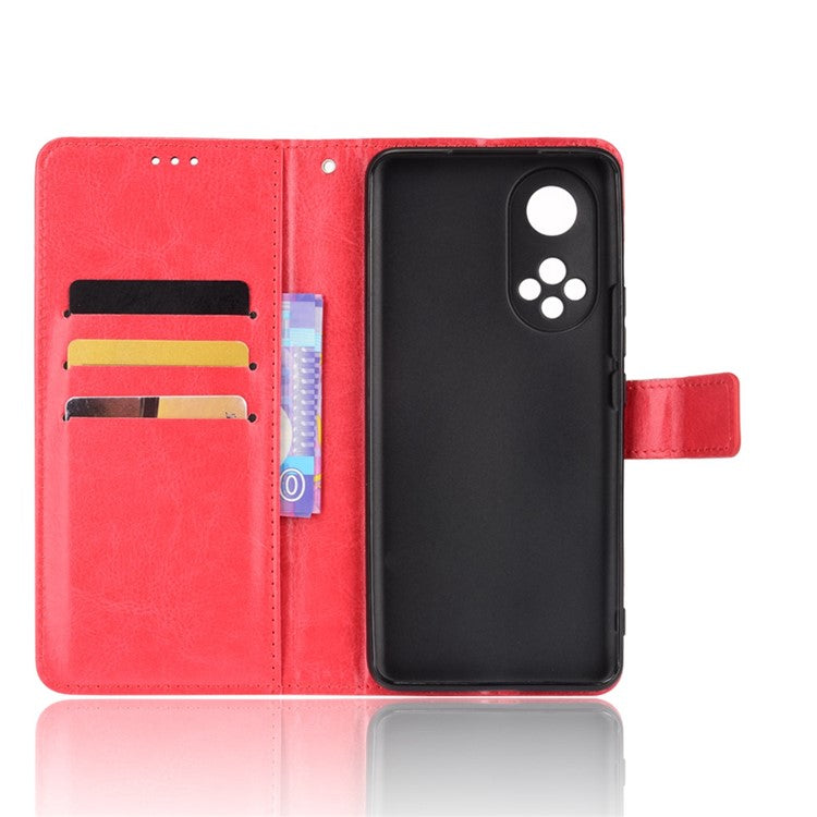 Fashionable Crazy Horse Texture PU Leather Wallet Magnetic Anti-Scratch Case with Wrist Strap for Huawei nova 9 Pro / Honor 50 Pro - Red