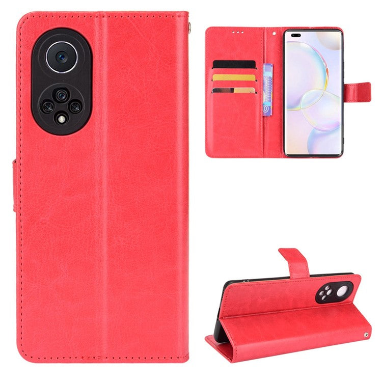 Fashionable Crazy Horse Texture PU Leather Wallet Magnetic Anti-Scratch Case with Wrist Strap for Huawei nova 9 Pro / Honor 50 Pro - Red
