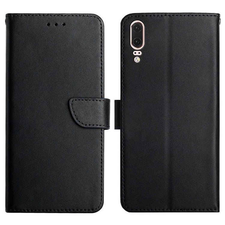 For Huawei P20 Flip Cover TPU + Genuine Leather Nappa Texture Multifunction Wallet Stand Good Protective Phone Case - Black