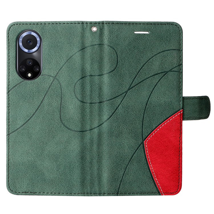 KT Leather Series-1 Anti-fingerprint Dual-Color Splicing Style Flip Phone Shell PU Leather Wallet Design Phone Case with Stand for Huawei nova 9 / Honor 50 - Green
