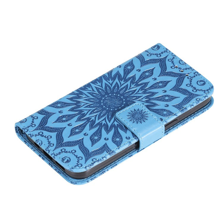 KT Imprinting Flower Series-1 Imprinting Mandala Sun Pattern Anti-scratch Protective Leather Case with Wallet Stand for Huawei nova 9/Honor 50 5G - Blue