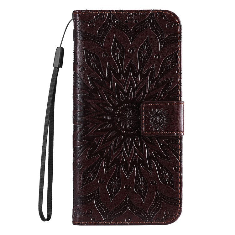 KT Imprinting Flower Series-1 Imprinting Mandala Sun Pattern Anti-scratch Protective Leather Case with Wallet Stand for Huawei nova 9/Honor 50 5G - Brown