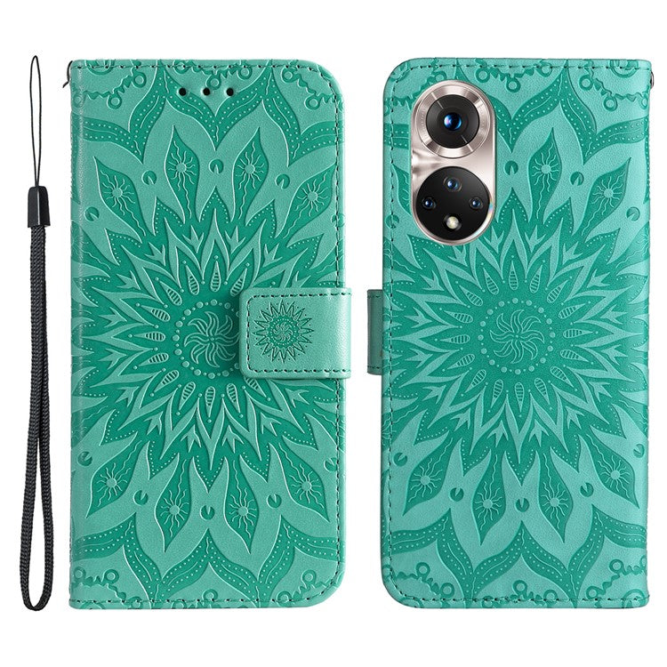 KT Imprinting Flower Series-1 Imprinting Mandala Sun Pattern Anti-scratch Protective Leather Case with Wallet Stand for Huawei nova 9/Honor 50 5G - Green