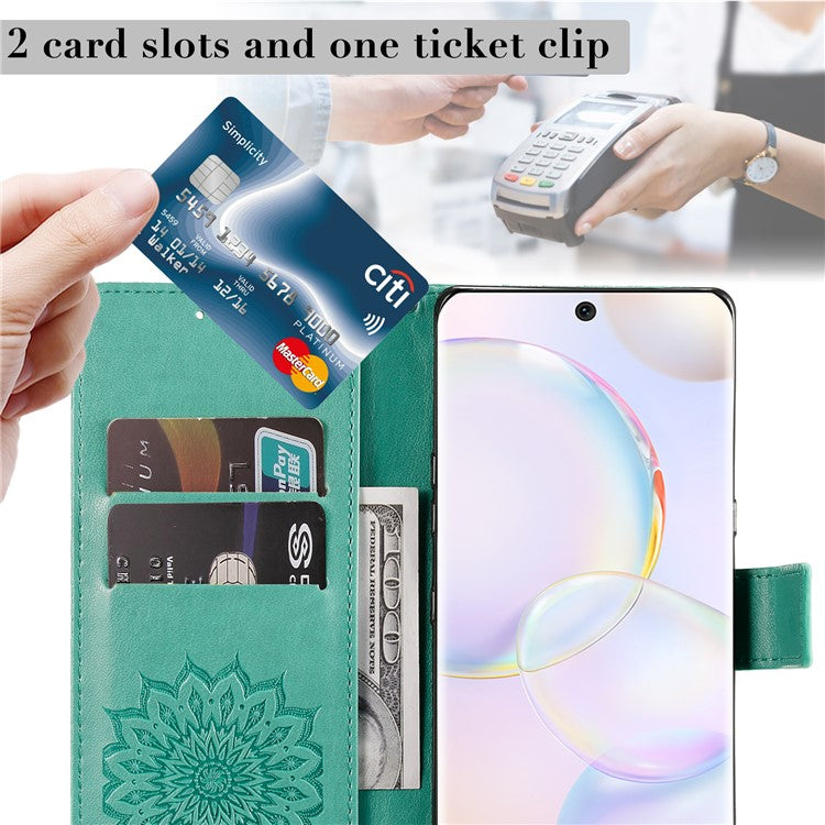 KT Imprinting Flower Series-1 Imprinting Mandala Sun Pattern Anti-scratch Protective Leather Case with Wallet Stand for Huawei nova 9/Honor 50 5G - Green