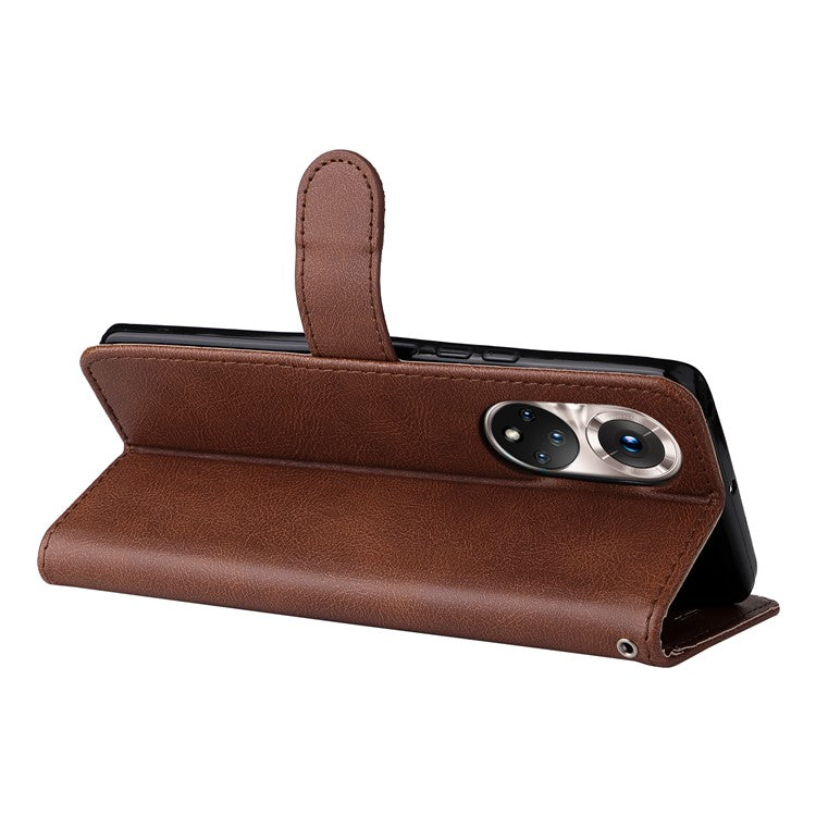 KT Leather Series-2 Solid Color Wallet Leather Case Inner Soft TPU Phone Cover with Adjustable Stand for Honor 50 5G/Huawei nova 9 - Brown