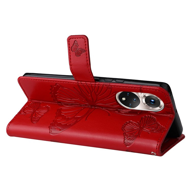 KT Imprinting Flower Series-2 PU Leather Magnetic Flip Wallet Case Stand Imprinted Butterfly Pattern Full Body Protective Cover with Strap for Honor 50 5G / Huawei nova 9 - Red