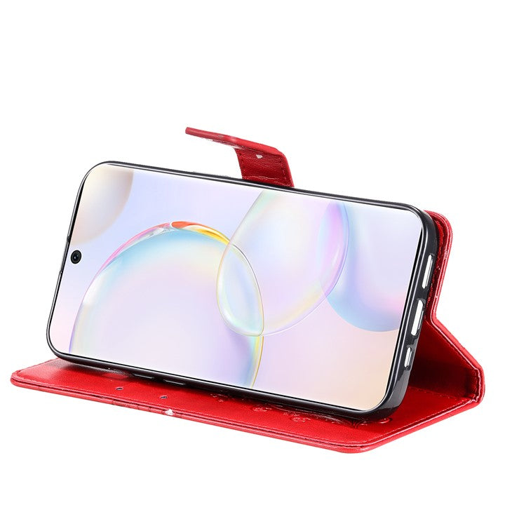 KT Imprinting Flower Series-2 PU Leather Magnetic Flip Wallet Case Stand Imprinted Butterfly Pattern Full Body Protective Cover with Strap for Honor 50 5G / Huawei nova 9 - Red